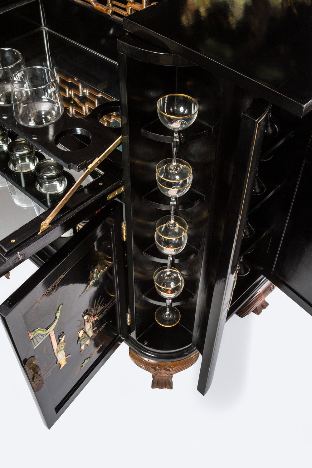 Acrylic Regency Black Lacquer Chinoiserie Claw Foot Drinking Cabinet For Sale