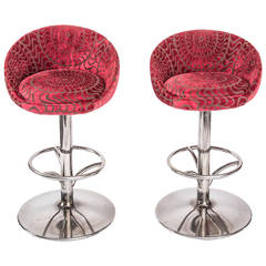 Pair of Vintage Chrome Swivel Bar Stools on Fuchsia Velvet