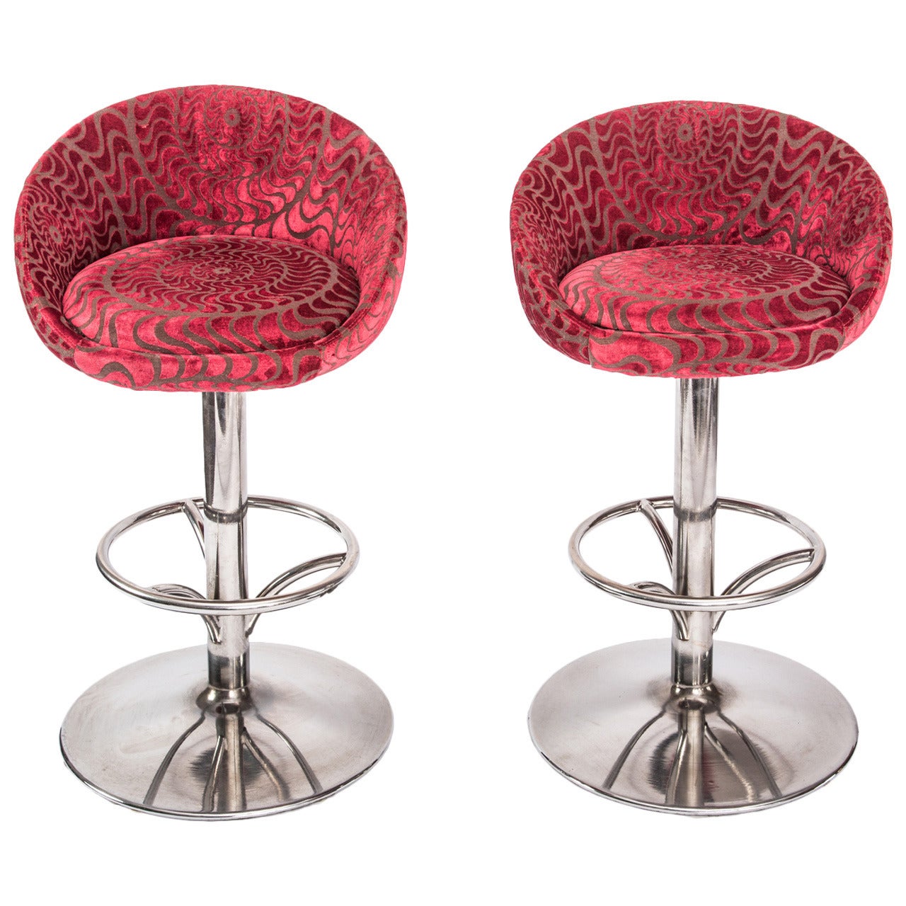 Pair of Vintage Chrome Swivel Bar Stools on Fuchsia Velvet For Sale