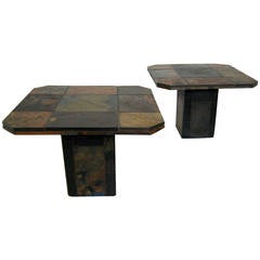 Brutalist Slate and Brass Inlaid End Tables