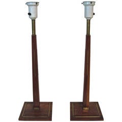 Pair of Walter Von Nessen Style Walnut and Brass Table Lamps