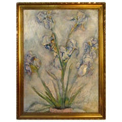 Modernist Impressionistic Irises Oil on Board Painting