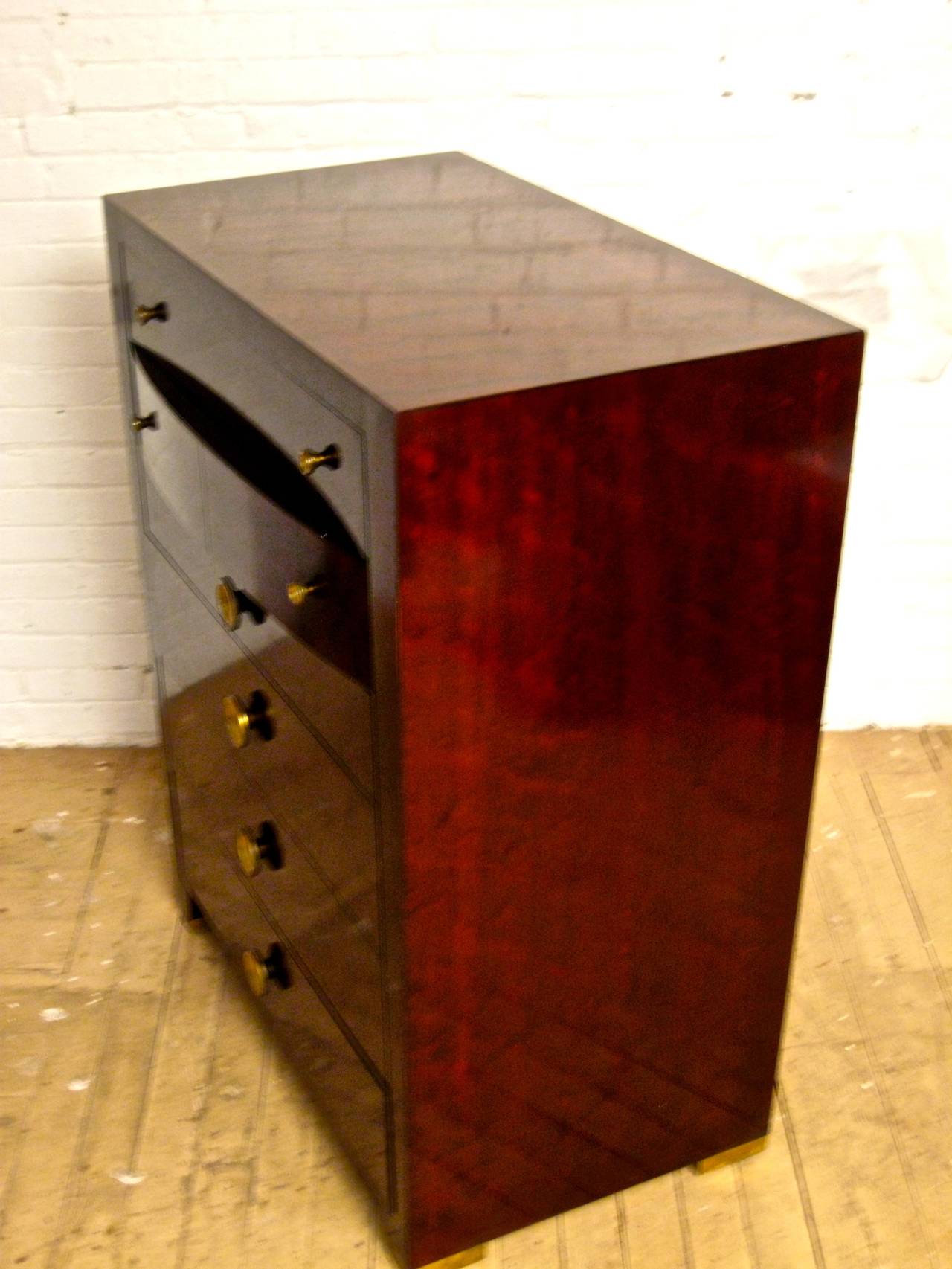 Brass Art Moderne Quilted Sapele African Mahogany Tall Dresser