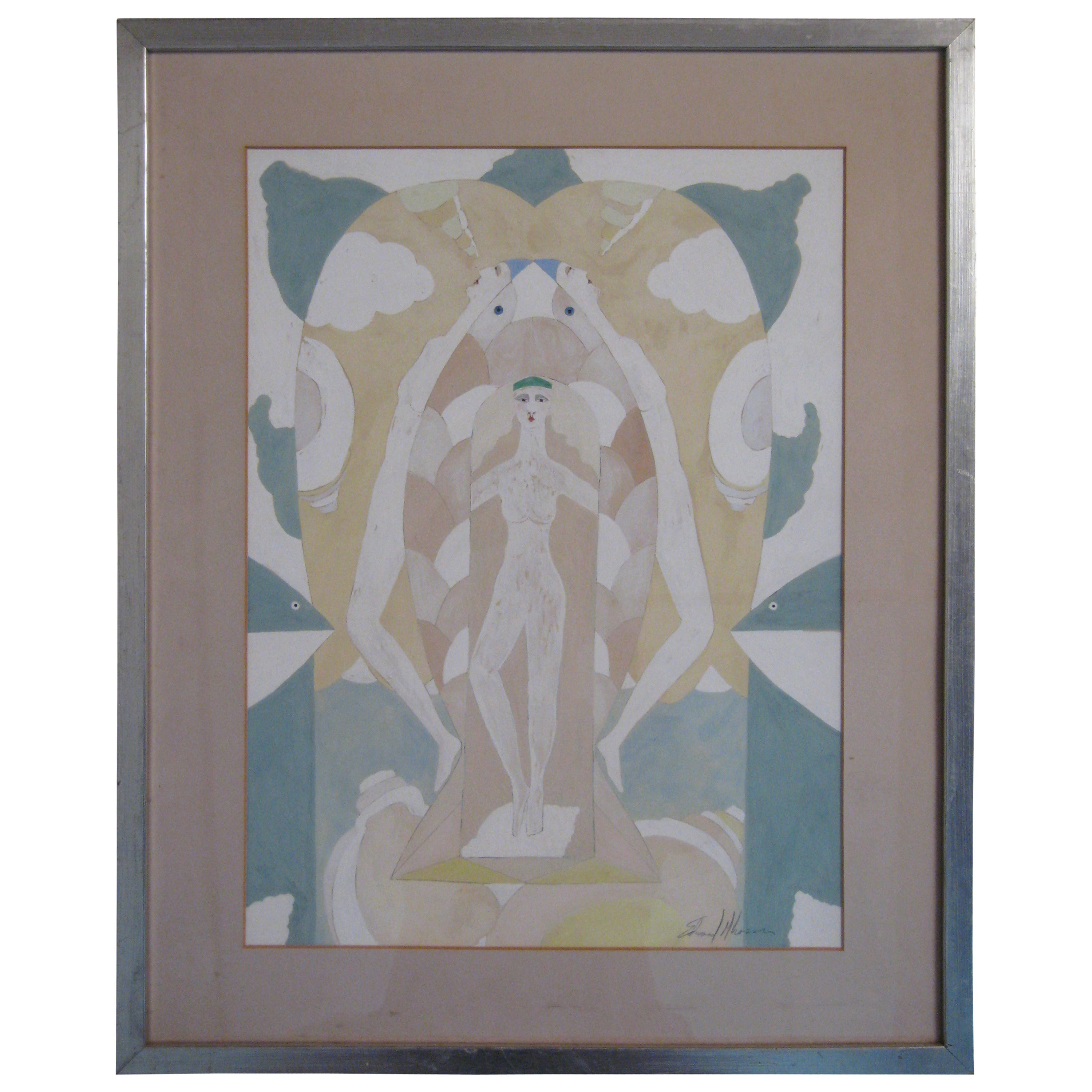 Signed Art Deco Gouache of Sea Nymphs