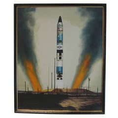 Vintage 1970s Photorealist Painting of Space Program Rocket Launch