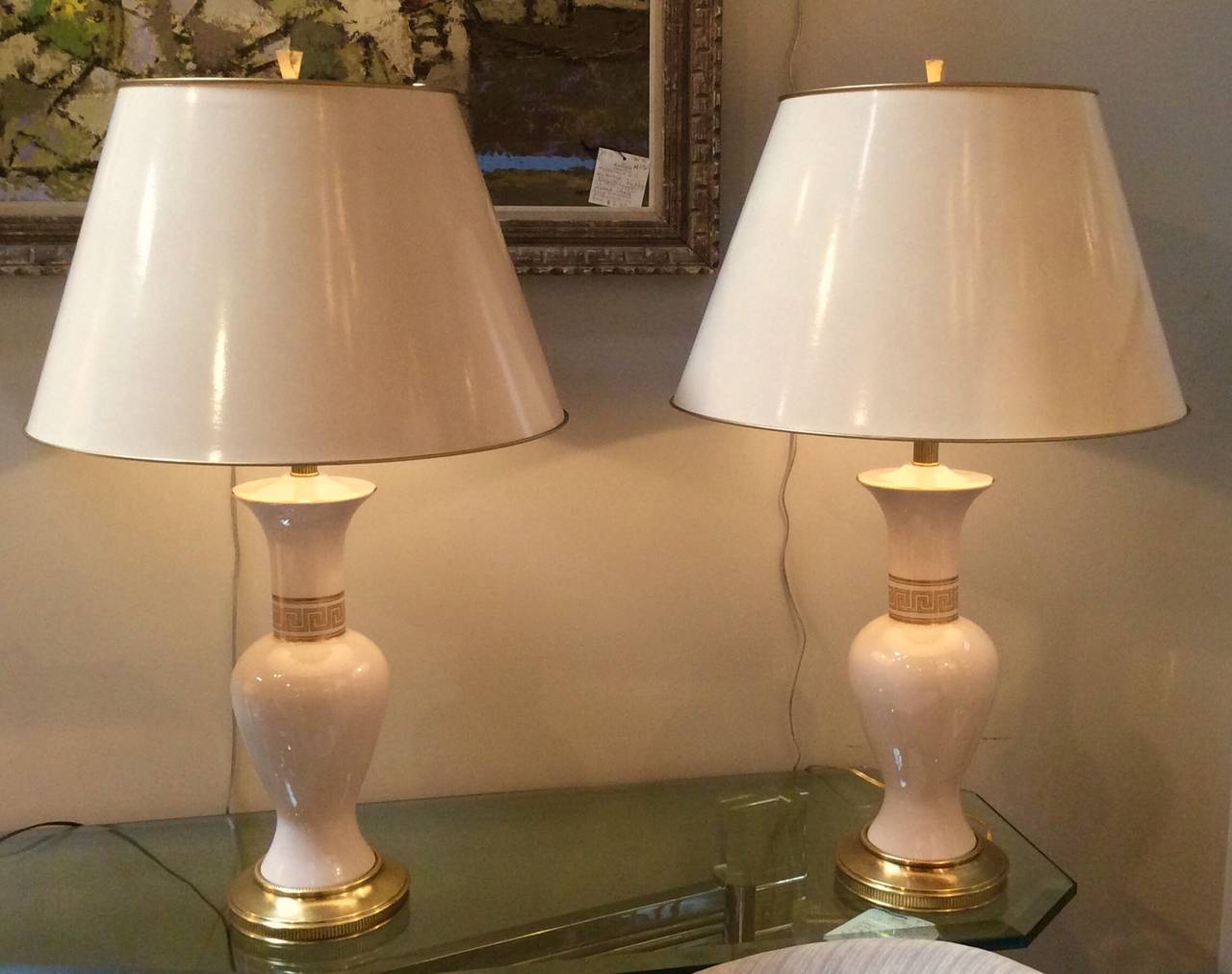 Mid Century SINGLE Ceramic and Brass Lamps, Greek Key Design In Excellent Condition In Stamford, CT