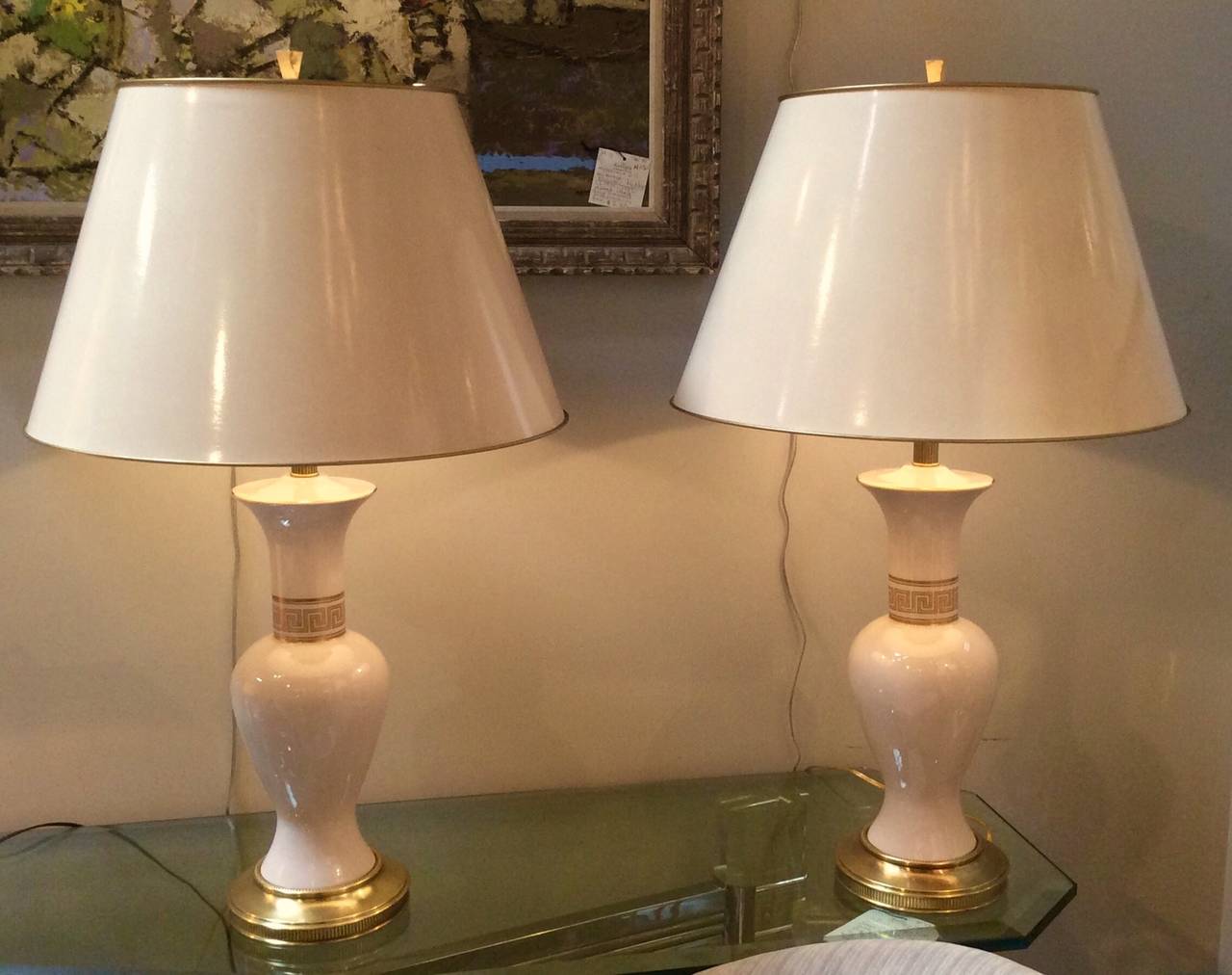 Glazed Mid Century SINGLE Ceramic and Brass Lamps, Greek Key Design