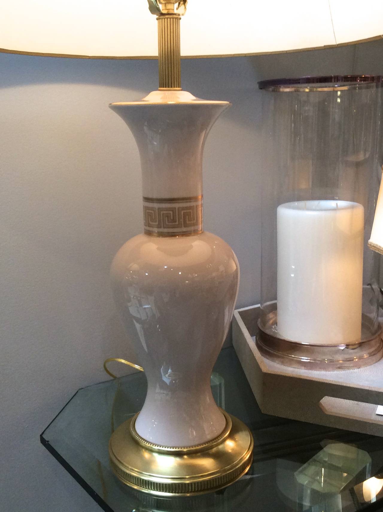 Mid Century SINGLE Ceramic and Brass Lamps, Greek Key Design 1