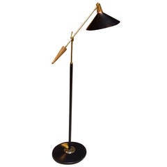 Mid Century Floor Lamp, by Lightolier, with Brass and Walnut Counter Balance