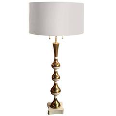 Mid Century Brass Enamel and Brass Tall Table Lamp, Style of Parzinger