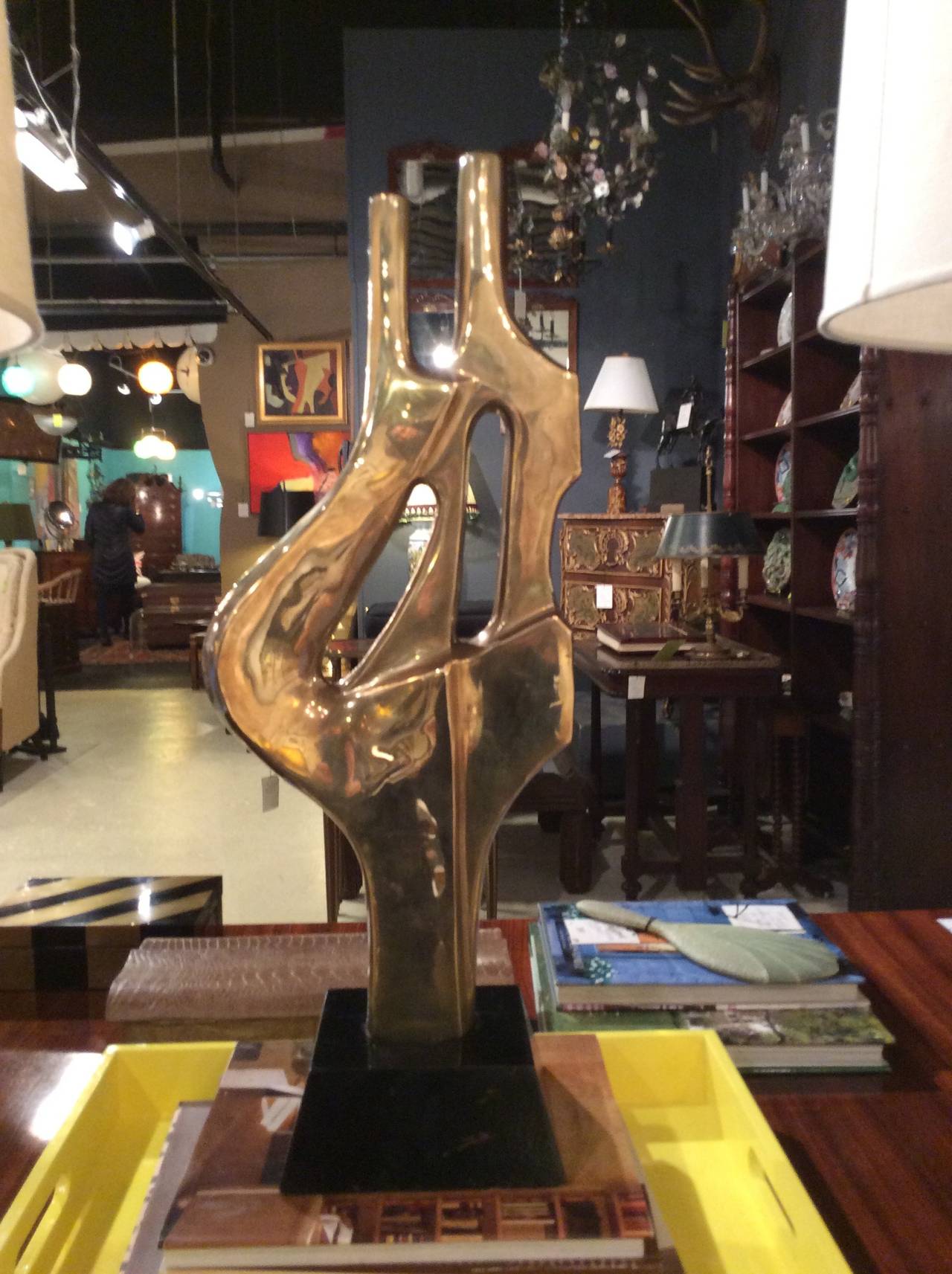 Large Mid-Century Abstract Brass Sculpture, Published, Style of Dorothy Dehner 1