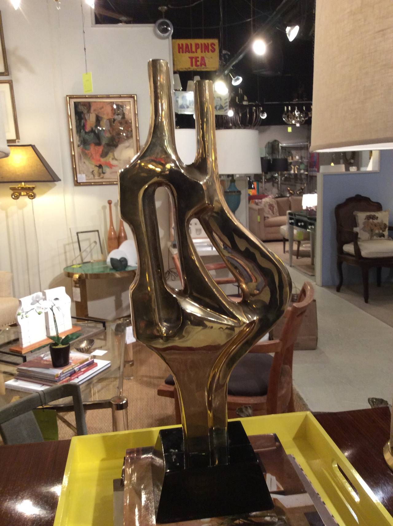 Large Mid-Century Abstract Brass Sculpture, Published, Style of Dorothy Dehner In Excellent Condition In Stamford, CT