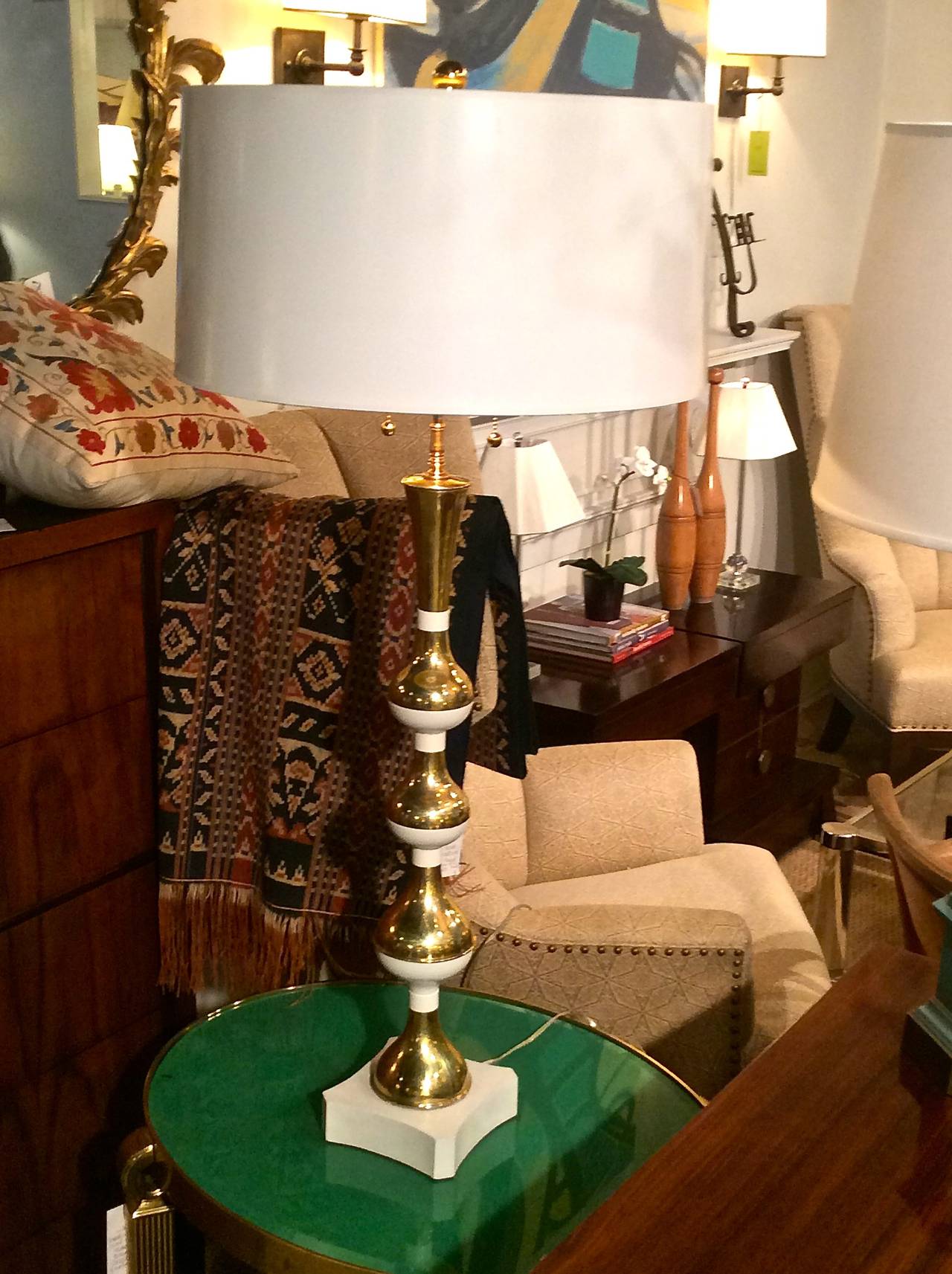 Hollywood Regency Mid Century Brass Enamel and Brass Tall Table Lamp, Style of Parzinger