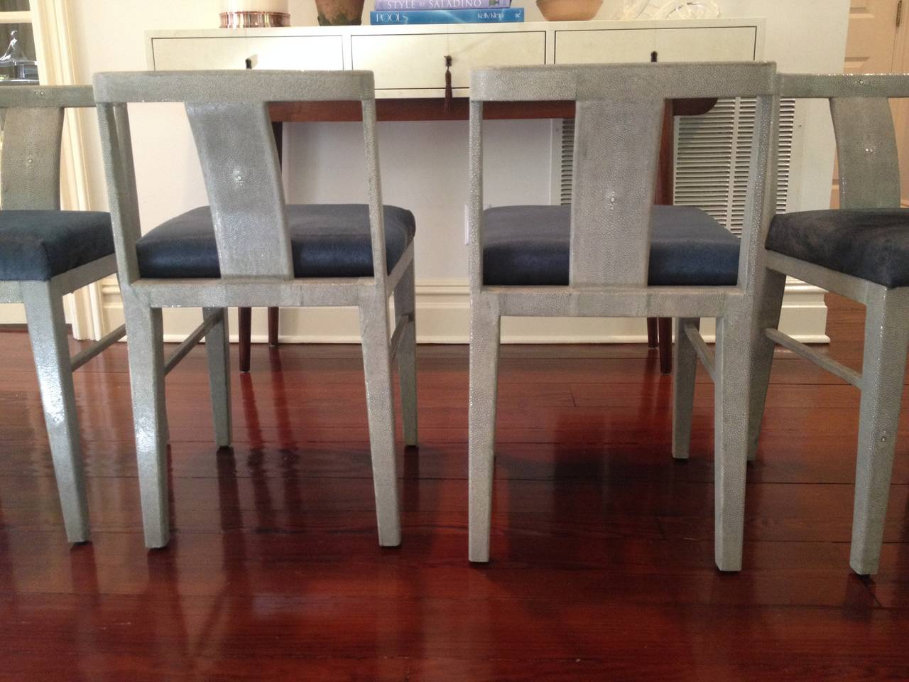 20th Century Set of Eight Shagreen Chairs with Pony Skin Upholstered Seats