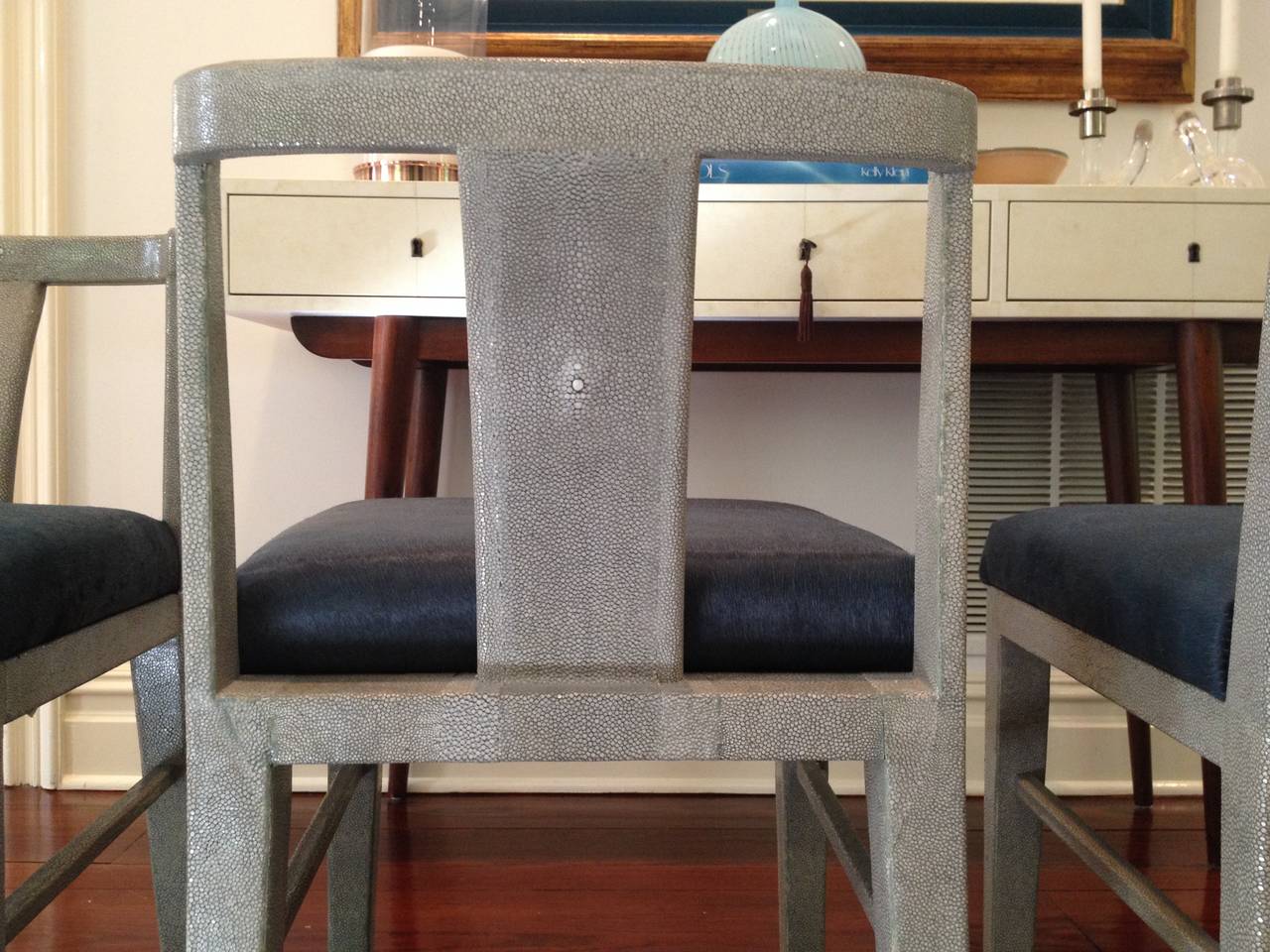 Unknown Set of Eight Shagreen Chairs with Pony Skin Upholstered Seats