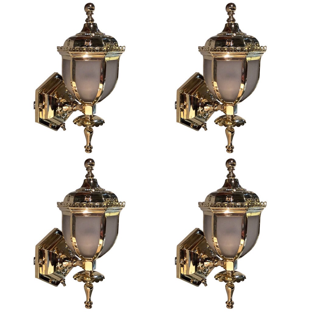Set of Four 1930s Antique Brass Lanterns or Sconces For Sale