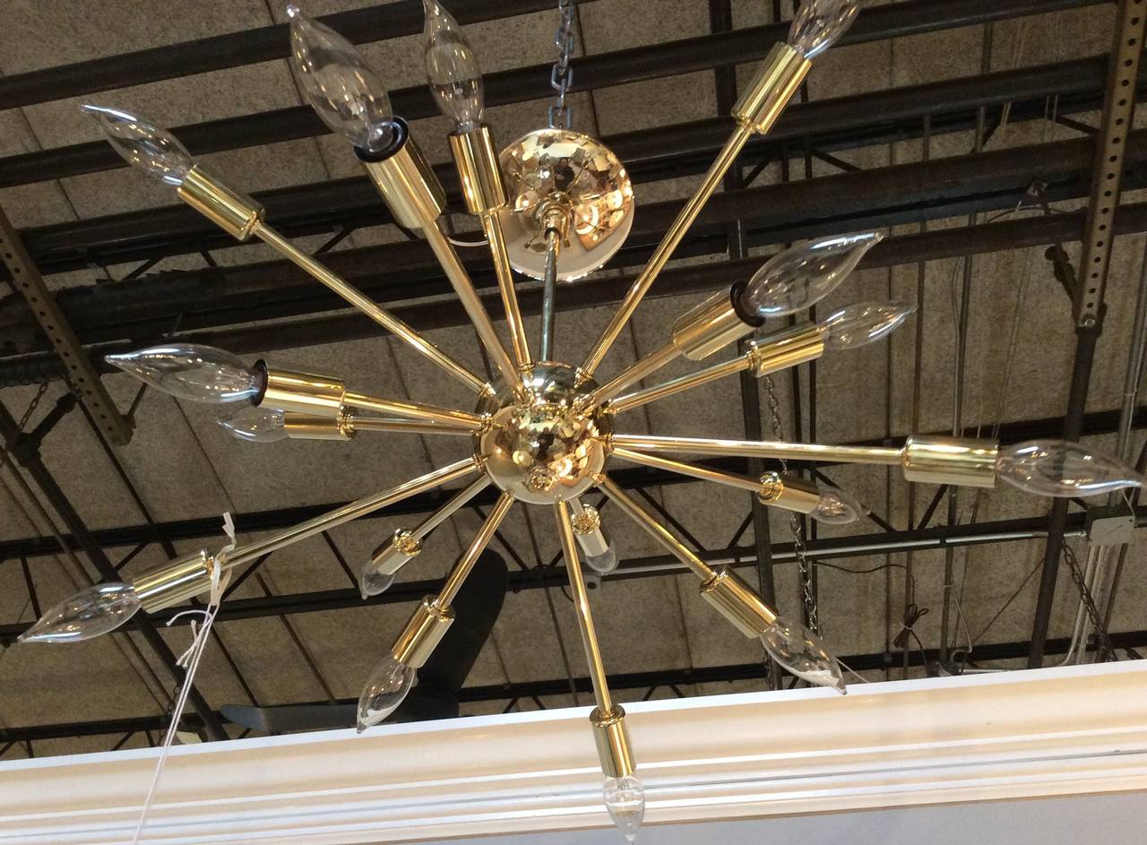 All original unlacquered brass 1960s sputnik chandelier, 16 arms, newly rewired and professionally polished.