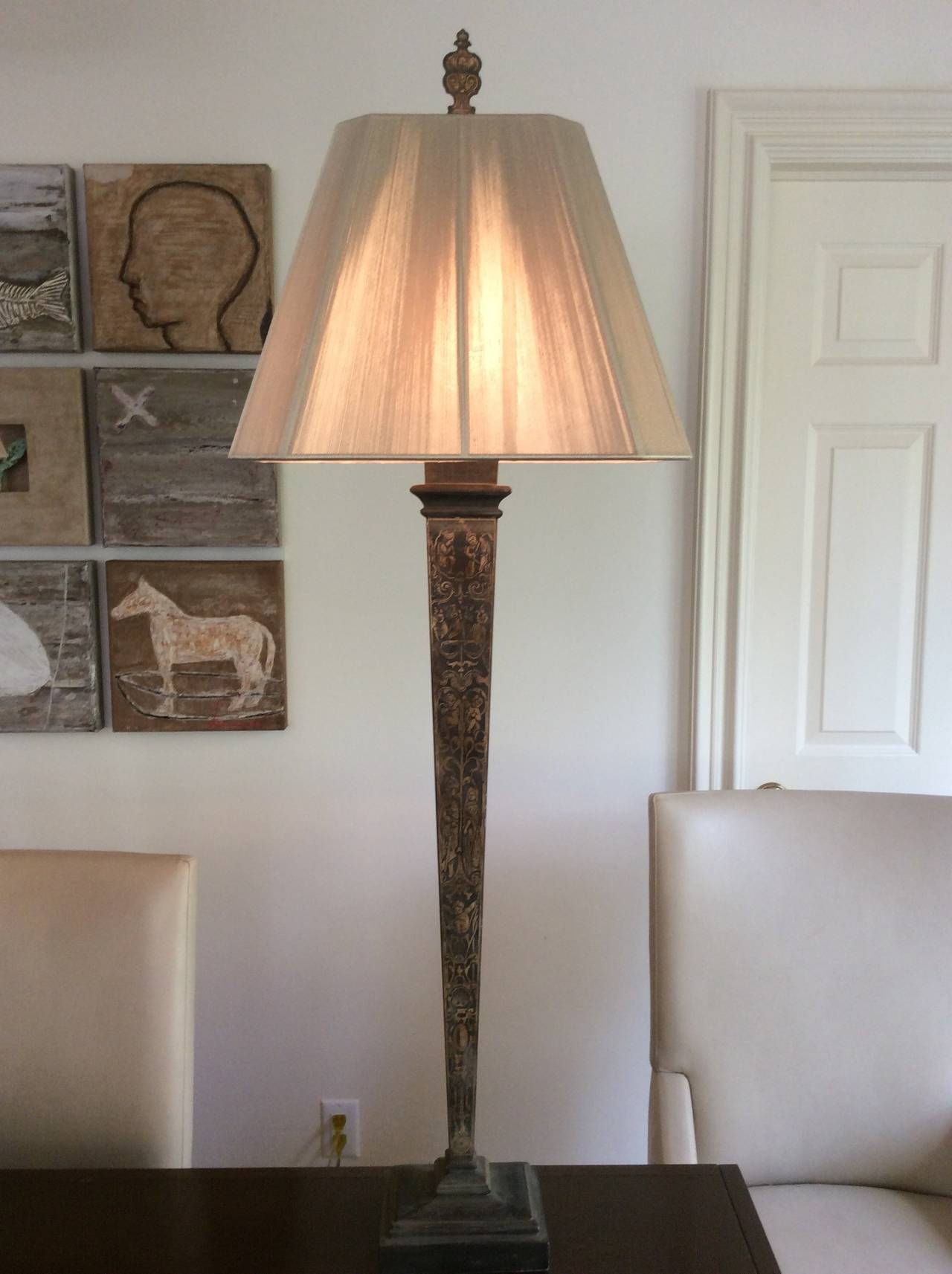 Découpage Monumental Pair of Venetian Style Inverted Obelisk Table Lamps For Sale