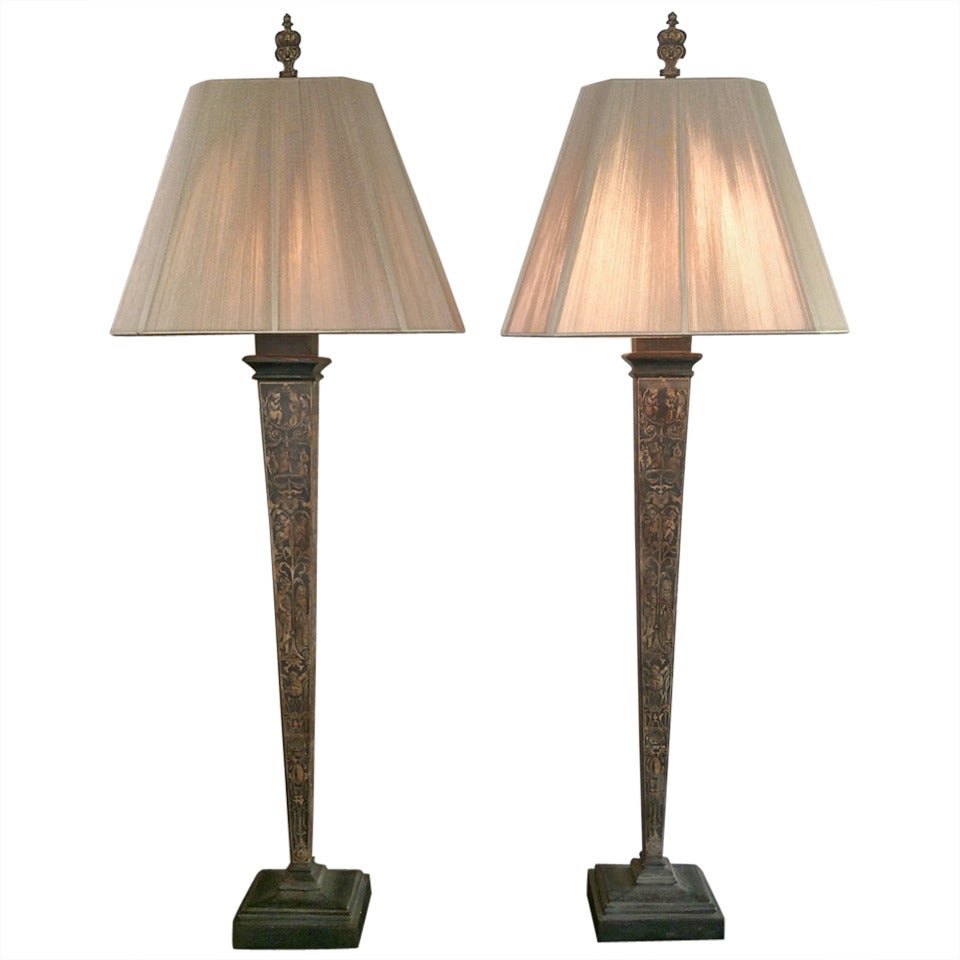 Monumental Pair of Venetian Style Inverted Obelisk Table Lamps For Sale