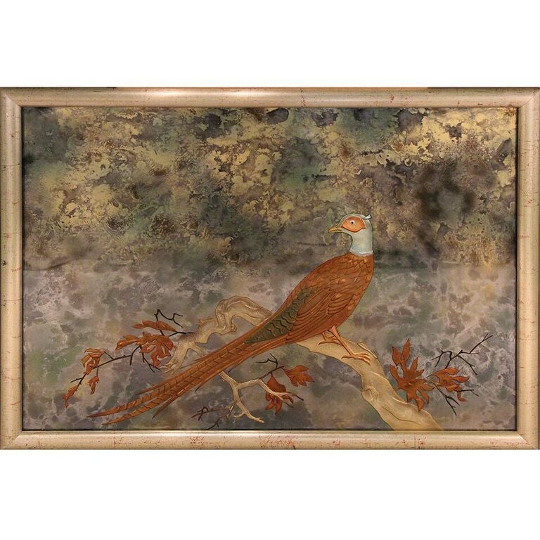 Framed Glass Panel with Reverse Etched and Painted Pheasant, circa 1950 In Excellent Condition For Sale In Stamford, CT