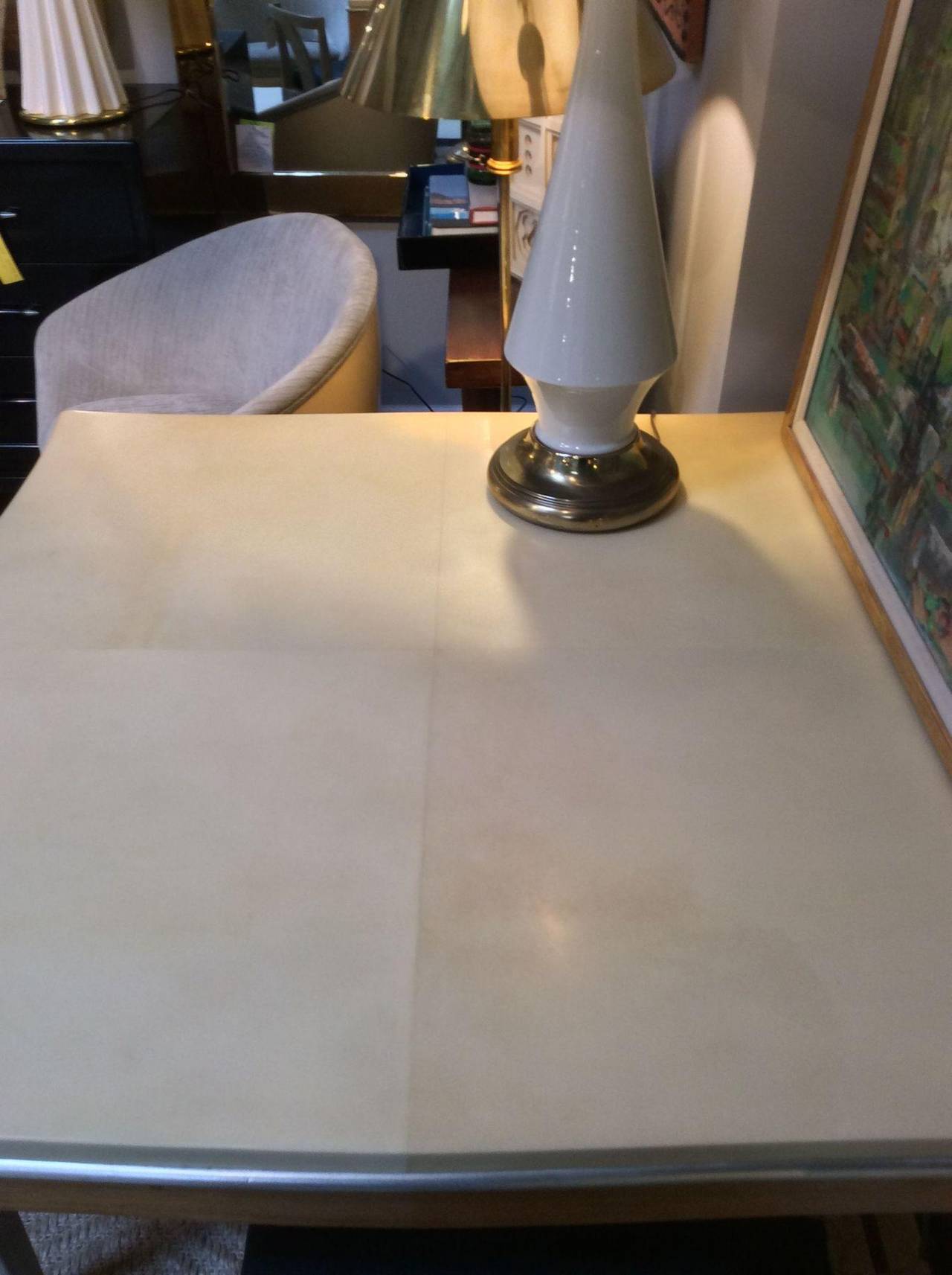 Lacquered Goatskin and Silver Leaf Game Table In Excellent Condition For Sale In Stamford, CT
