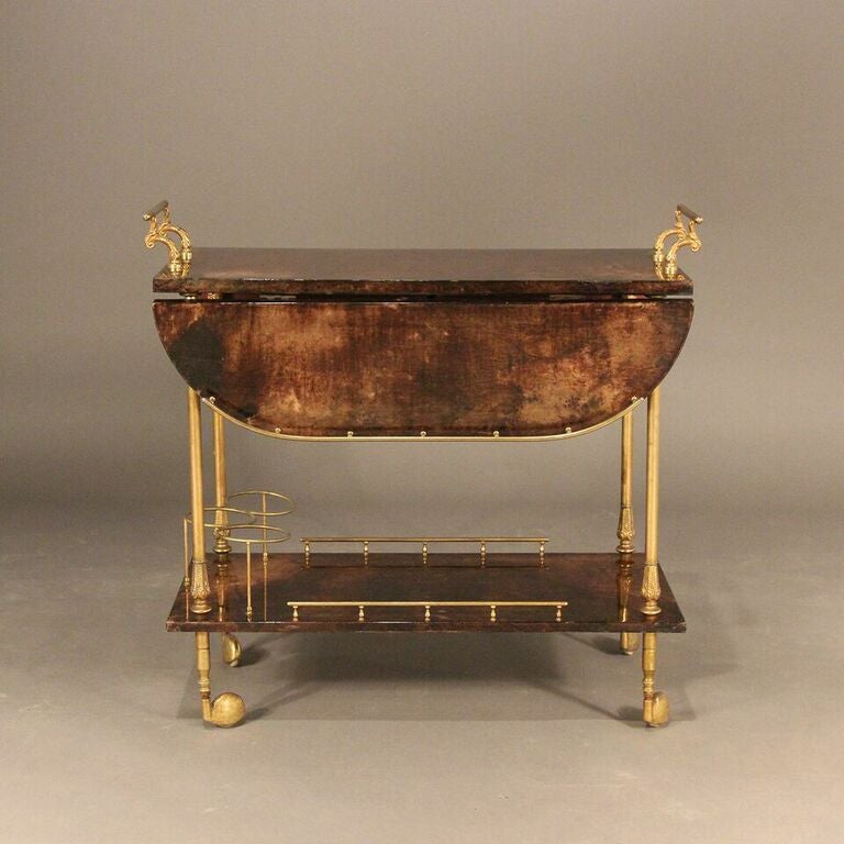 Brass and Lacquered Goatskin Bar Cart by Aldo Tura 2