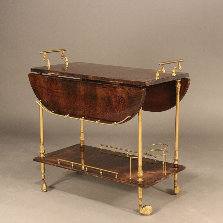 Brass and Lacquered Goatskin Bar Cart by Aldo Tura In Excellent Condition In Stamford, CT