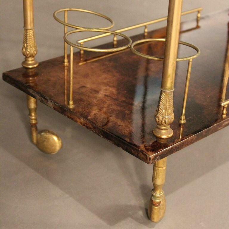 Mid-20th Century Brass and Lacquered Goatskin Bar Cart by Aldo Tura