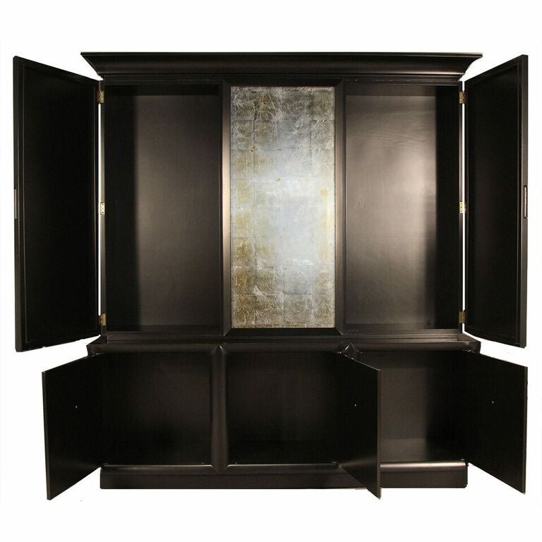 American Robsjohn Gibbings Ebonized Breakfront, with Rare Original Eglomise Glass Panels