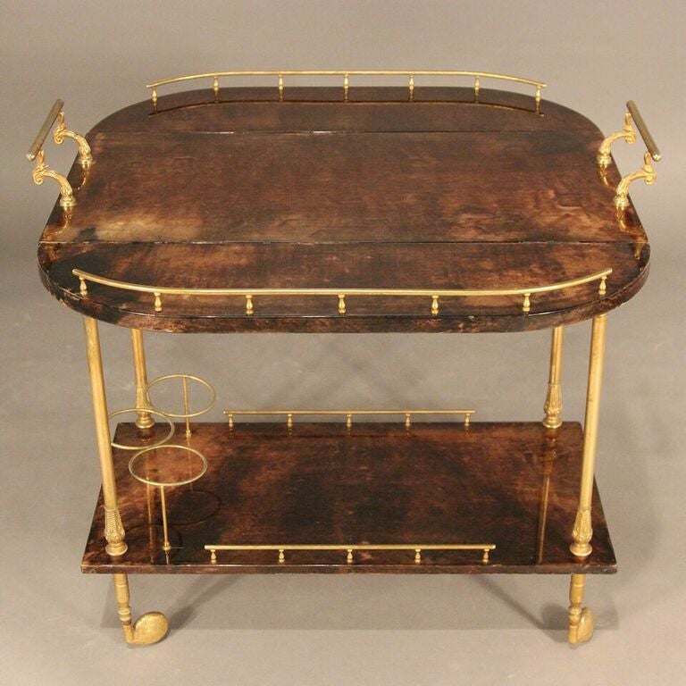 Mid-Century Modern Brass and Lacquered Goatskin Bar Cart by Aldo Tura