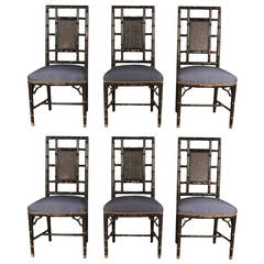 Faux Bamboo Set of Six Chairs with Caned Backs and Silk Seats, circa 1910