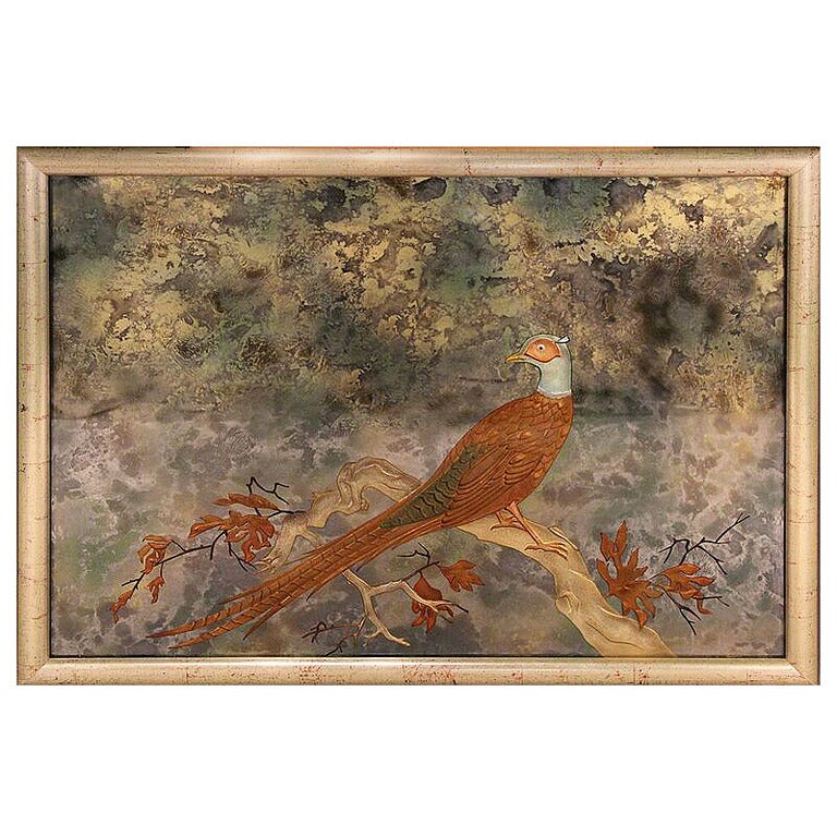 Framed Glass Panel with Reverse Etched and Painted Pheasant, circa 1950 For Sale