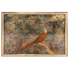 Framed Glass Panel with Reverse Etched and Painted Pheasant, circa 1950