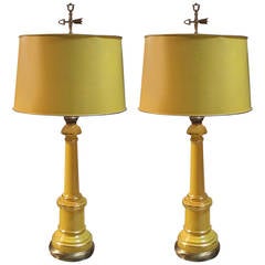 Retro Mid Century Pair of Yellow Opaline table lamps, by Warren Kessler NYC