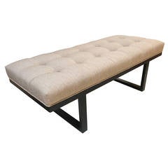 Mid-Century Modern Bench, Button tufted with Solid Walnut Frame