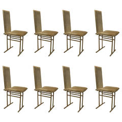 Set of Eight French Suede & Gilt Metal Dining Chairs, Manner of Milo Baughman
