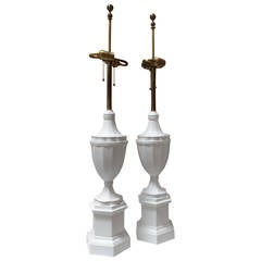 Manner of Serge Roche or Sirmos, White Neoclassical Pair of Plaster Finish Lamps 2