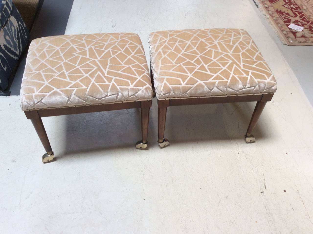 Pair of Walnut Ottomans or Footstools with Brass Castors In Good Condition In Stamford, CT