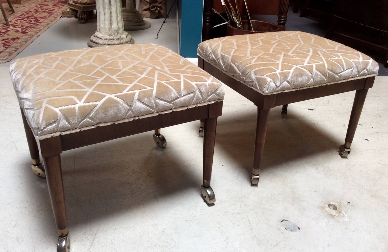 Mid-Century Modern Pair of Walnut Ottomans or Footstools with Brass Castors