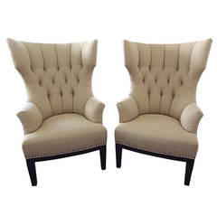 Pair of Classic Upholstered Wingback Chairs with Nailhead Trim