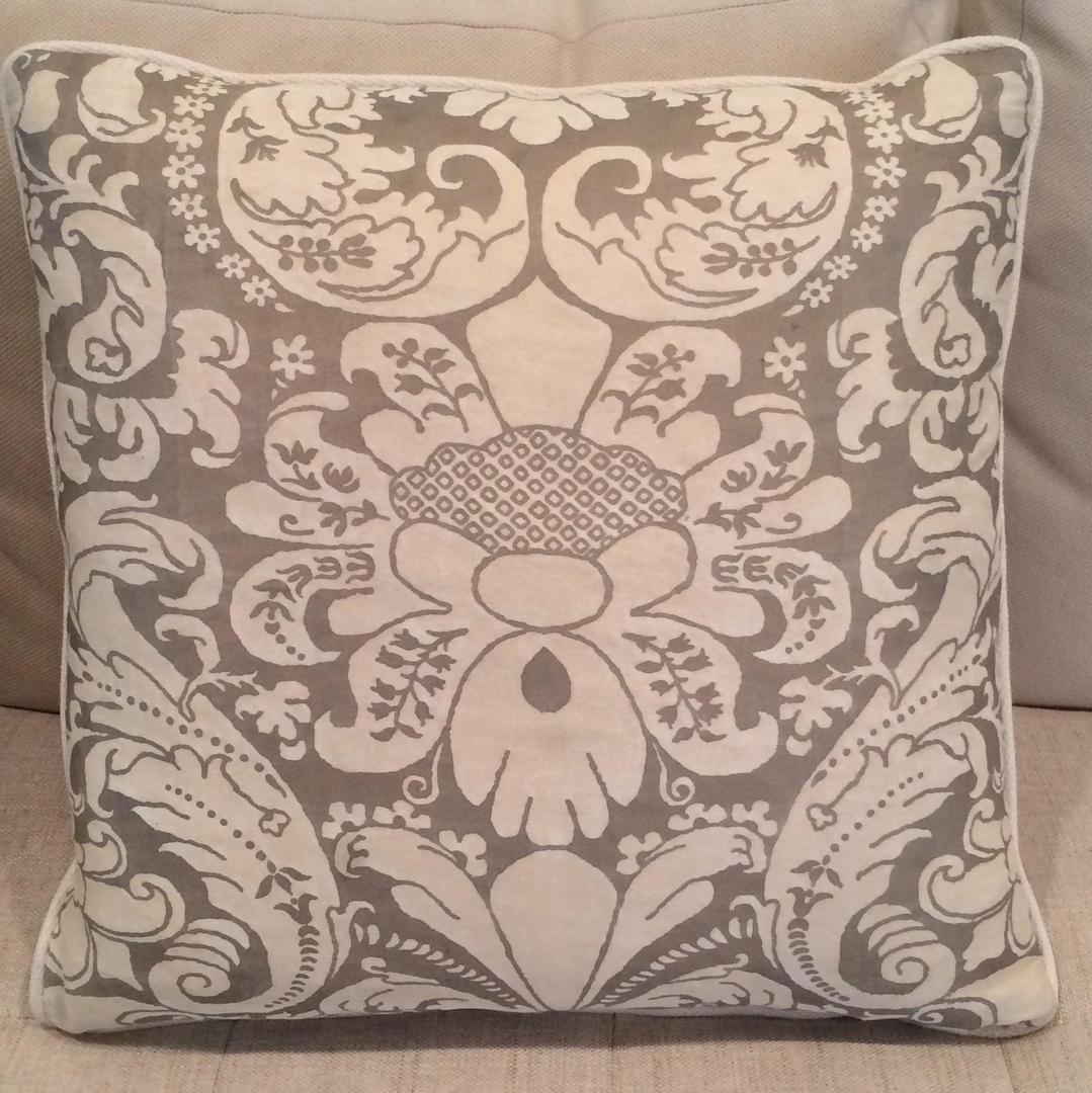 Vintage Fortuny fabric purchased in Venice and recently made into these lovely pillows backed and welted in Rogers and Goffigan linen. Color way is ivory/gold in the Caravaggio pattern. Down filled insert with zipper closure for removal and