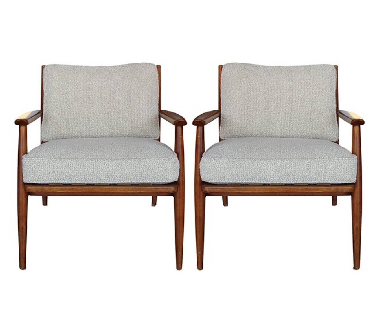 Newly reupholstered pair of Danish modern lounge chairs. Wood has great warm patina, manner of Ib Kofod-Larsen.