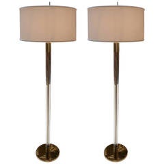 Pair of Glass Cylinder with Brass Rod Floor Lamps, Manner of Hansen Lighting