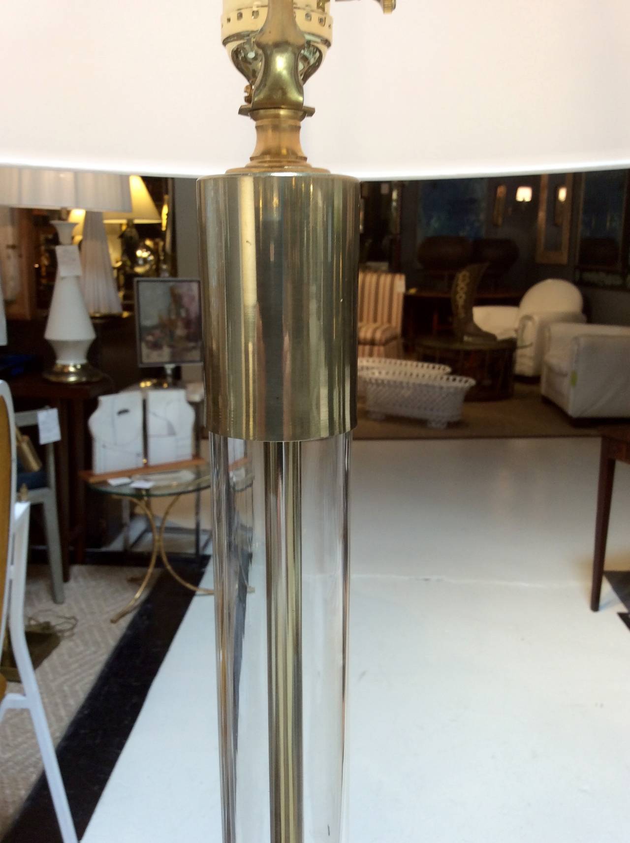 20th Century Pair of Glass Cylinder with Brass Rod Floor Lamps, Manner of Hansen Lighting
