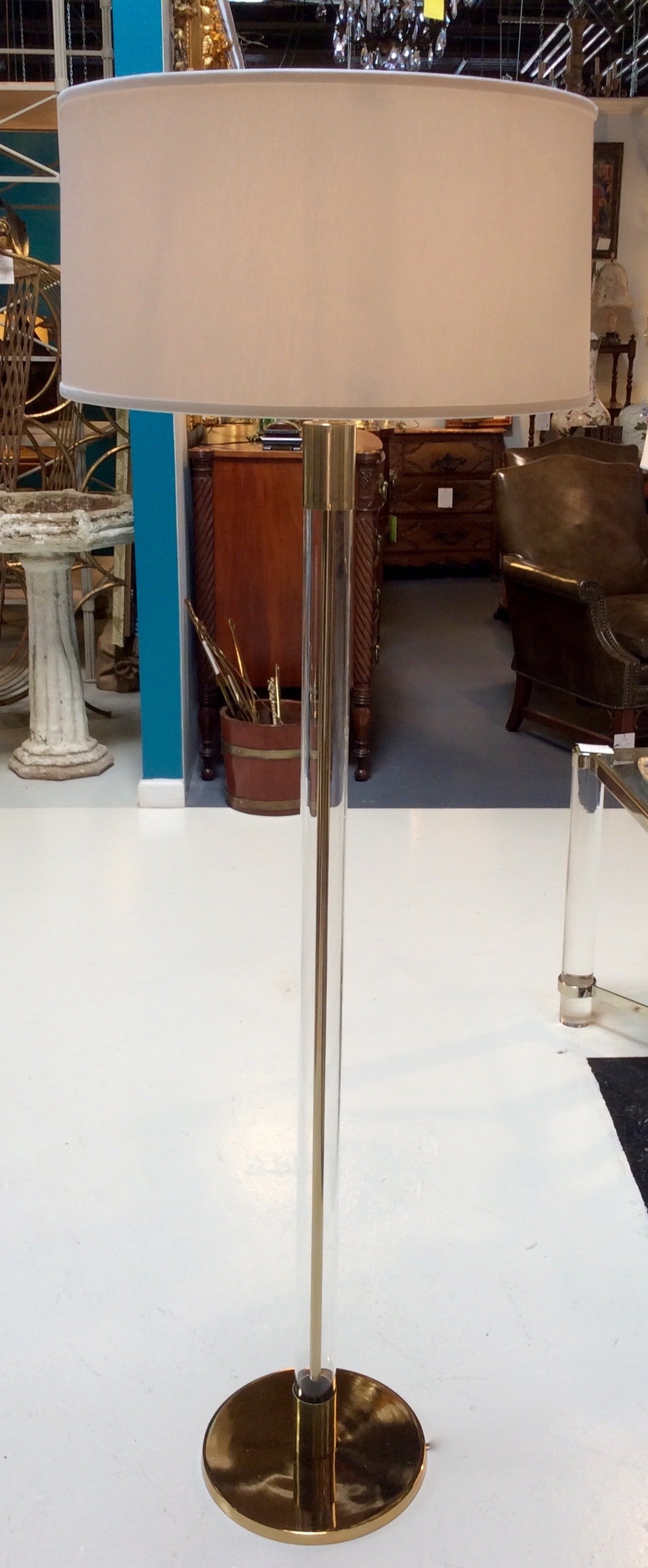 Pair of Glass Cylinder with Brass Rod Floor Lamps, Manner of Hansen Lighting 1