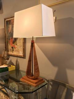Pair of Wrapped Wicker and Iron Rattan Lamps, Manner of Umanoff
