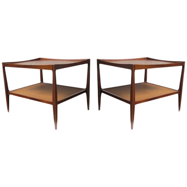 Mid-Century Drexel Heritage Walnut Side Tables with Caned Shelves, dated 1958