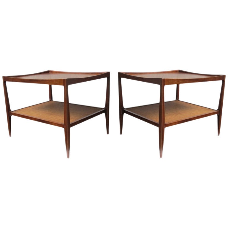 Mid-Century Drexel Heritage Walnut Side Tables with Caned Shelves, dated 1958