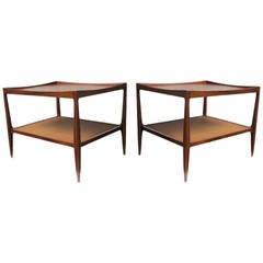 Vintage Mid-Century Drexel Heritage Walnut Side Tables with Caned Shelves, dated 1958