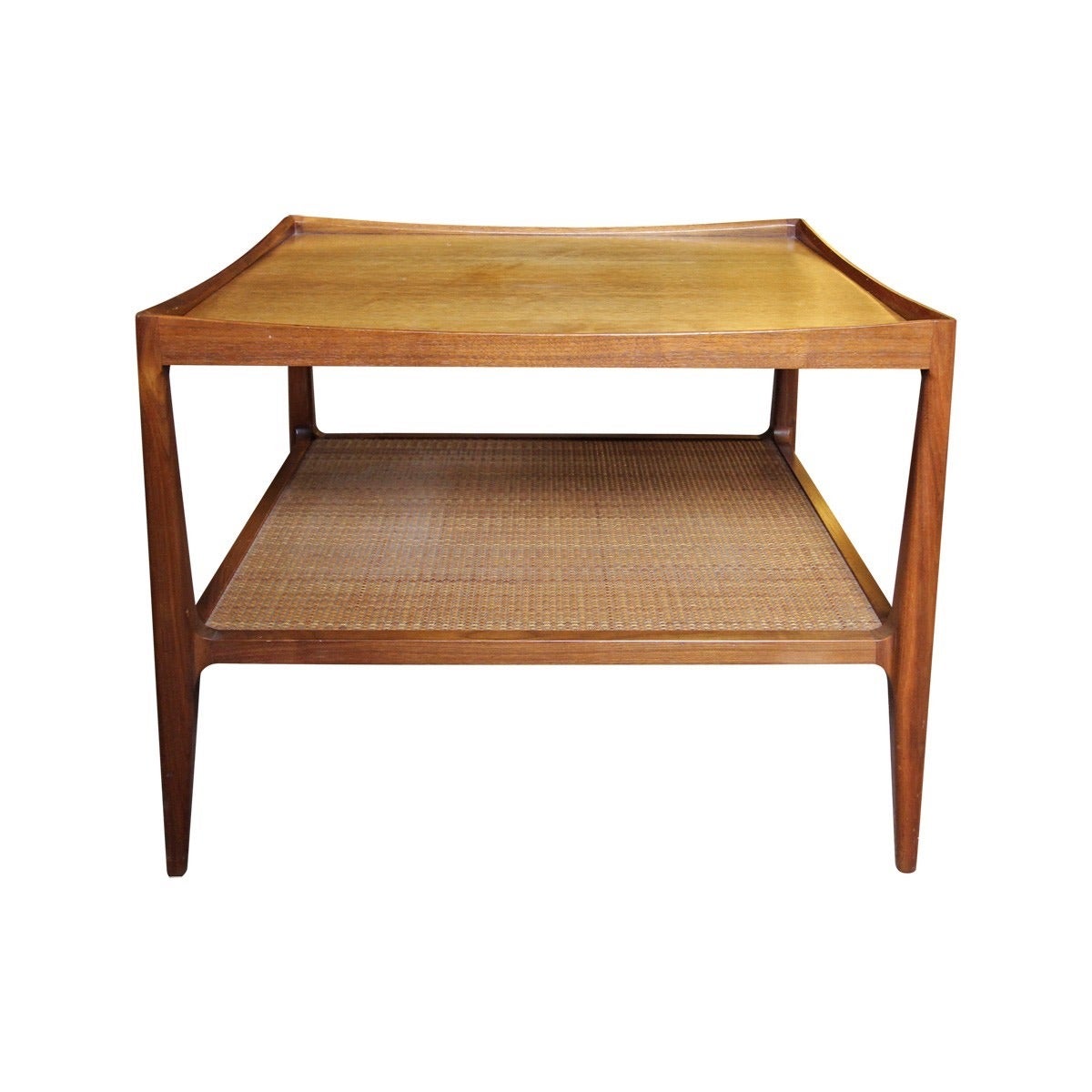 American Mid-Century Drexel Heritage Walnut Side Tables with Caned Shelves, dated 1958